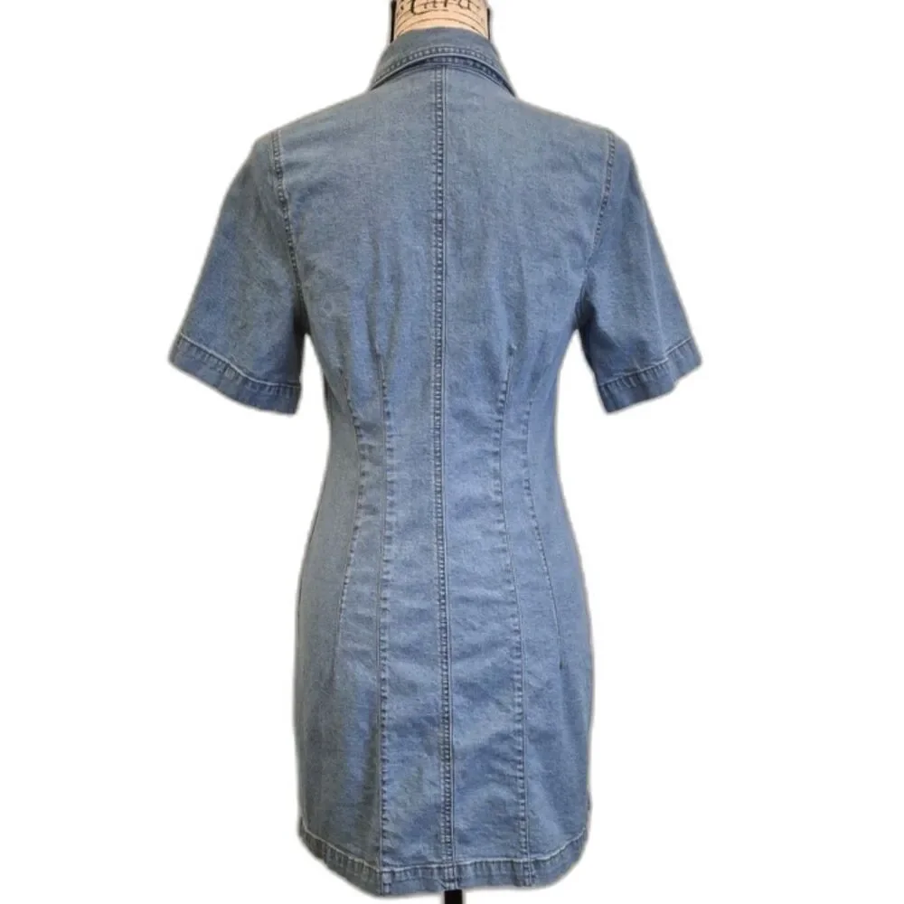 Madewell Denim Mini Dress S Snap Front Hemp Blend Short Sleeve Light Wash Casual - Picture 5 of 11